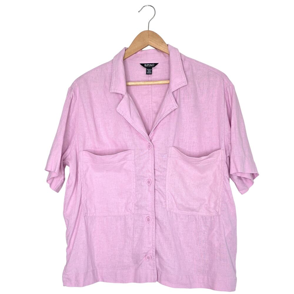 Buffalo David Bitton Medium M Pink Linen Blend Short Sleeve Camp Shirt Blouse